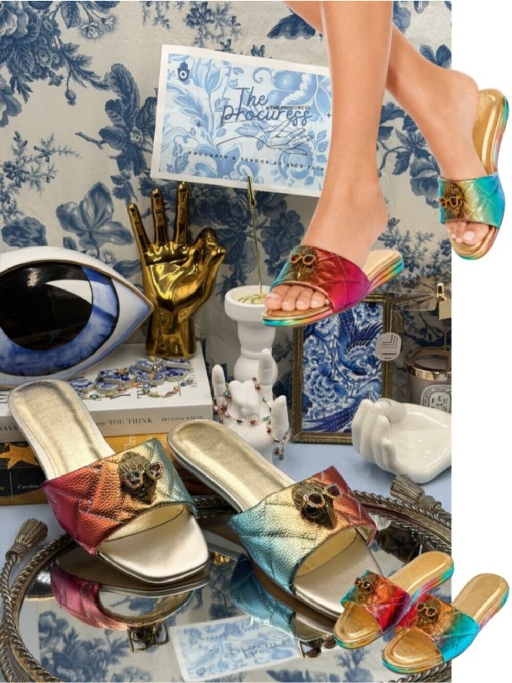 🆕 KURT GEIGER LONDON 🧿 NWOB Kensington Flat Sandal, Rainbow Metallic - Sz 37 7